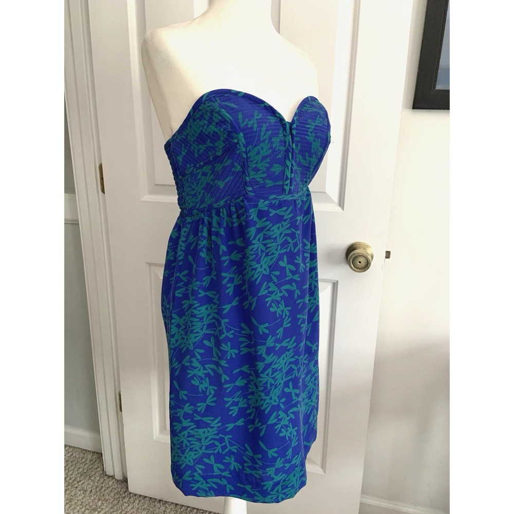 Anthropologie Maple Strapless mini Silk Dress Blue Green leaf floral print sz 0